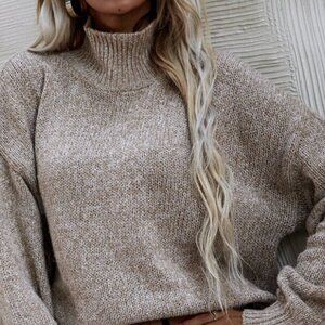 SHEIN LUNE High Neck Drop Shoulder Turtleneck Sweater | Apricot/Beige